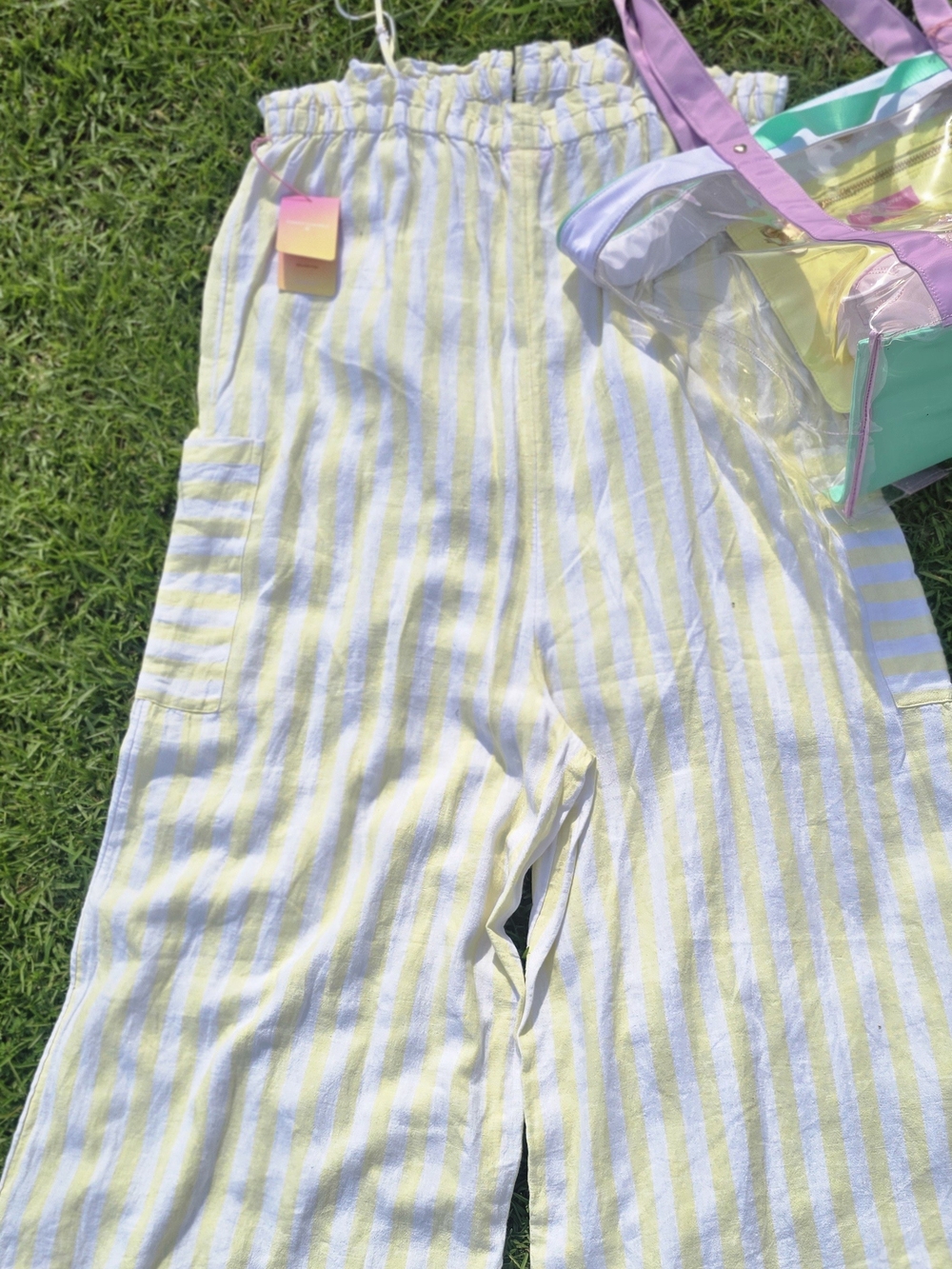Stoney Clover Lane Pastel Yellow & White Striped Wide-Leg Cargo & Bag Bundle